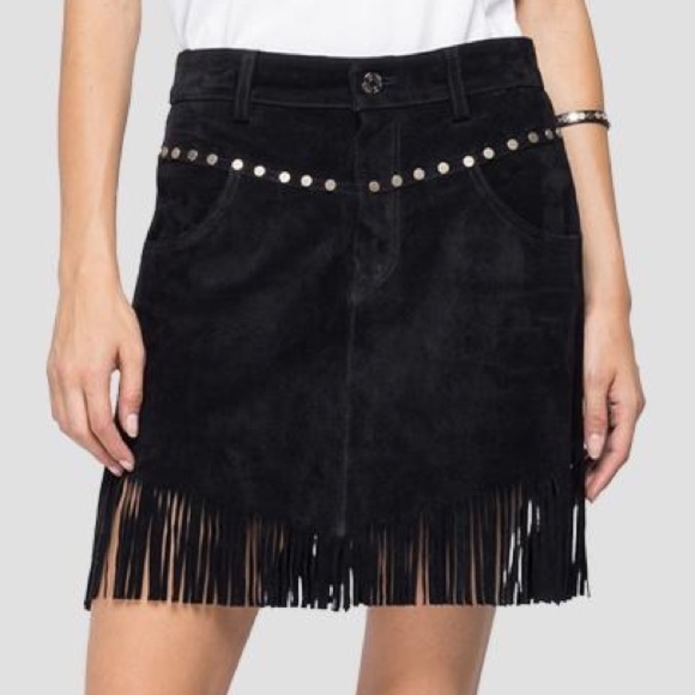 REPLAY SUEDE MINIROCK AUS WILDLEDER‎ MIT FRANSEN SIZE M NWOT